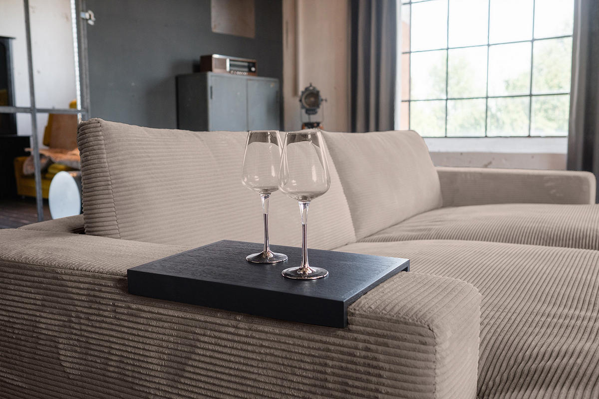 BIG SOFA-SET MIT TABLETT SCHWARZ MADELINE Taupe Cord - Taupe/Schwarz, Kunststoff/Textil (290/85/170cm) - KAWOLA