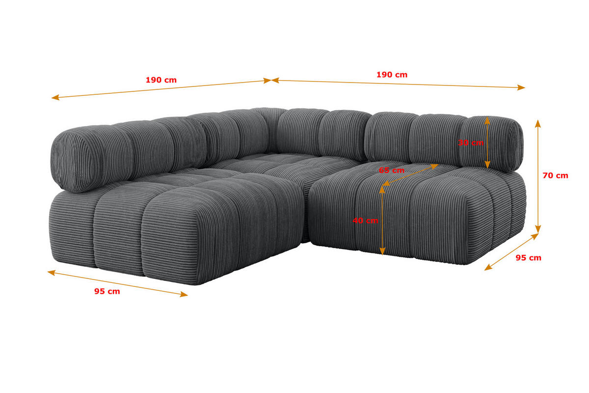 ECKSOFA modulares Sofa Samaro-L1 - 190x190x70 cm Dunkelgrau Cord - Dunkelgrau, Holzwerkstoff/Textil (190/190cm) - ALTDECOR