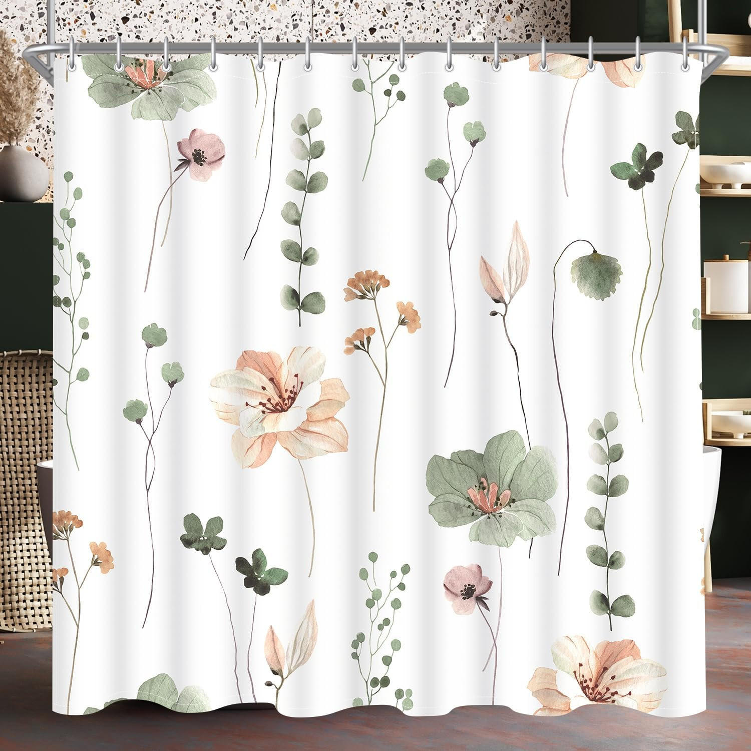 DUSCHVORHANG Blumen Muster beschwerter Saum Polyester schimmelresistent wasserabweisend waschbar fürs Badezimmer und Badewanne - Grün, Textil (200/180cm) - MCBOSON