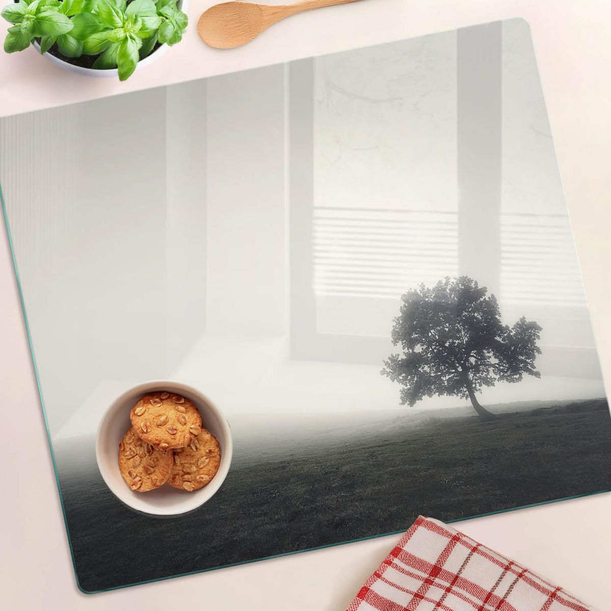 GLASPLATTE 60x52 cm Einsamer Baum - Grau, Glas (60/0.4/52cm) - TULUP
