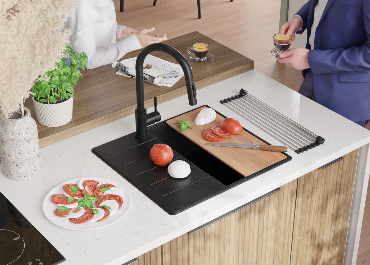 SPÜLBECKEN Kopenhagen, 2-er set Anthrazit 55/50 cm 1 Becken + Ablauf-Set + Schneidebrett ab 40er Unterschrank - Chromfarben/Anthrazit, Kunststoff (55/20/50cm) - Primagran