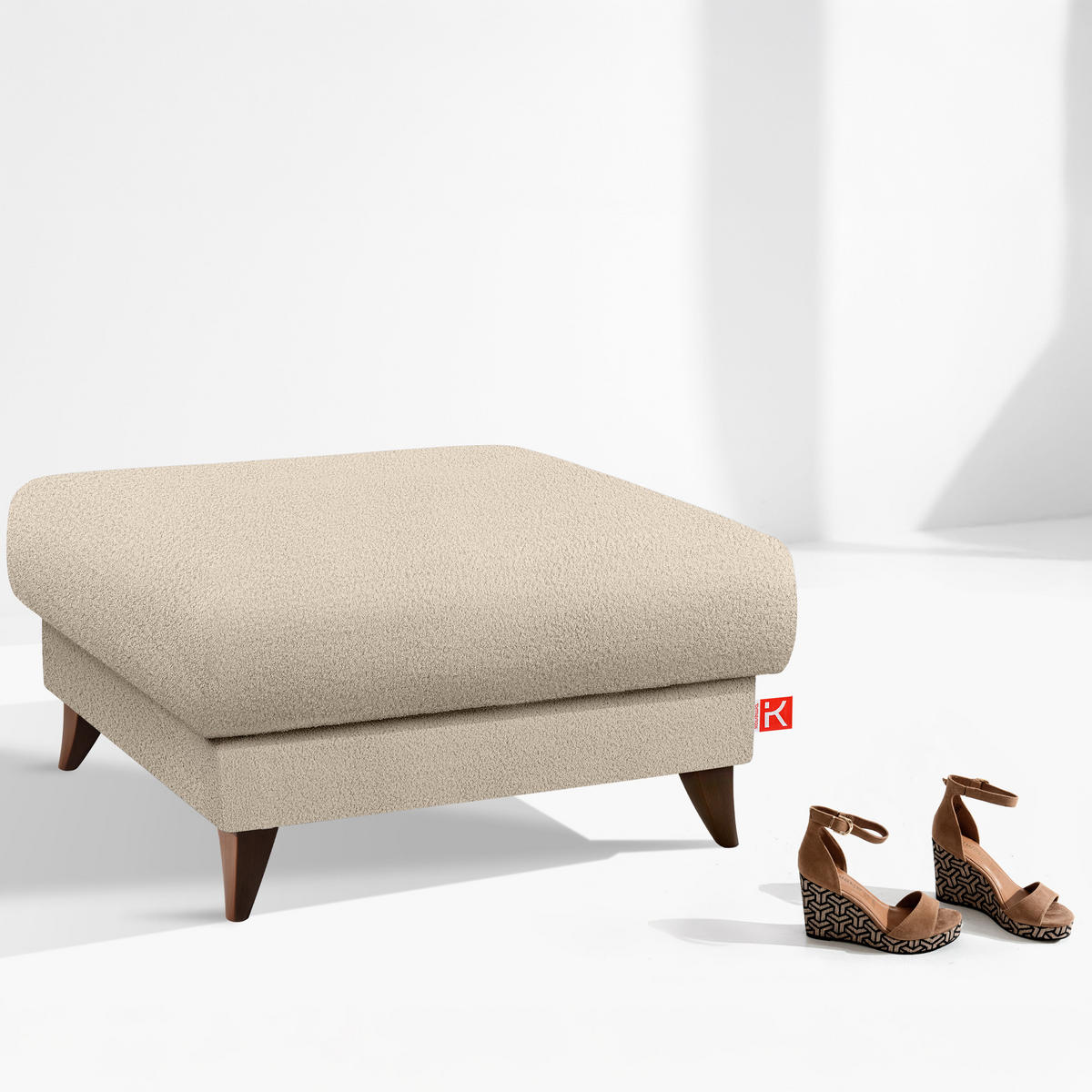 HOCKER GUSTAVO Bouclé, Creme - Creme, Holz/Holzwerkstoff (92/49/92cm) - KONSIMO®