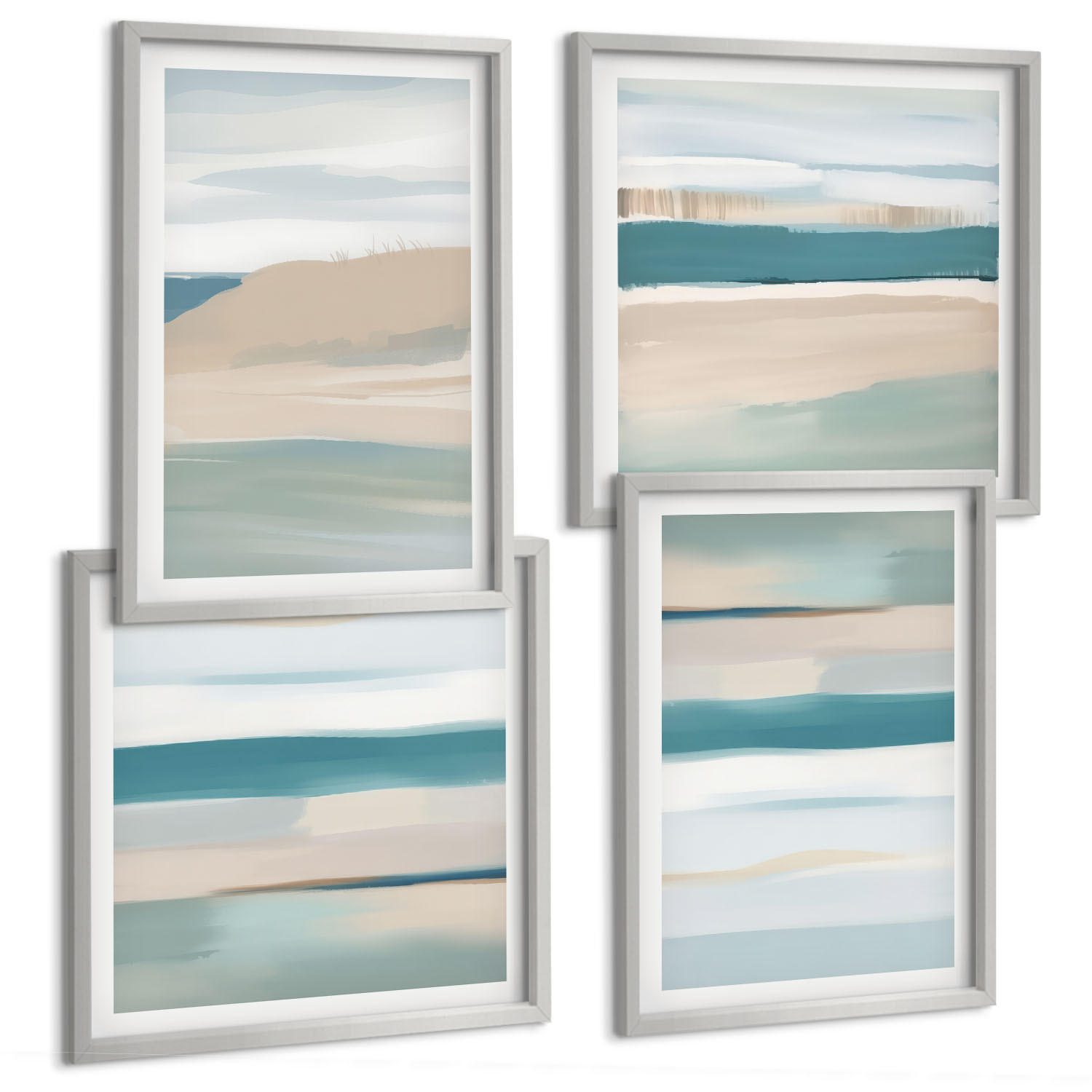 BILDER SET 4er Set - 50x50 cm & 40x60 cm Silberner Rahmen - Abstrakte blaue Landschaften - Silberfarben, Kunststoff (50/50cm) - TULUP