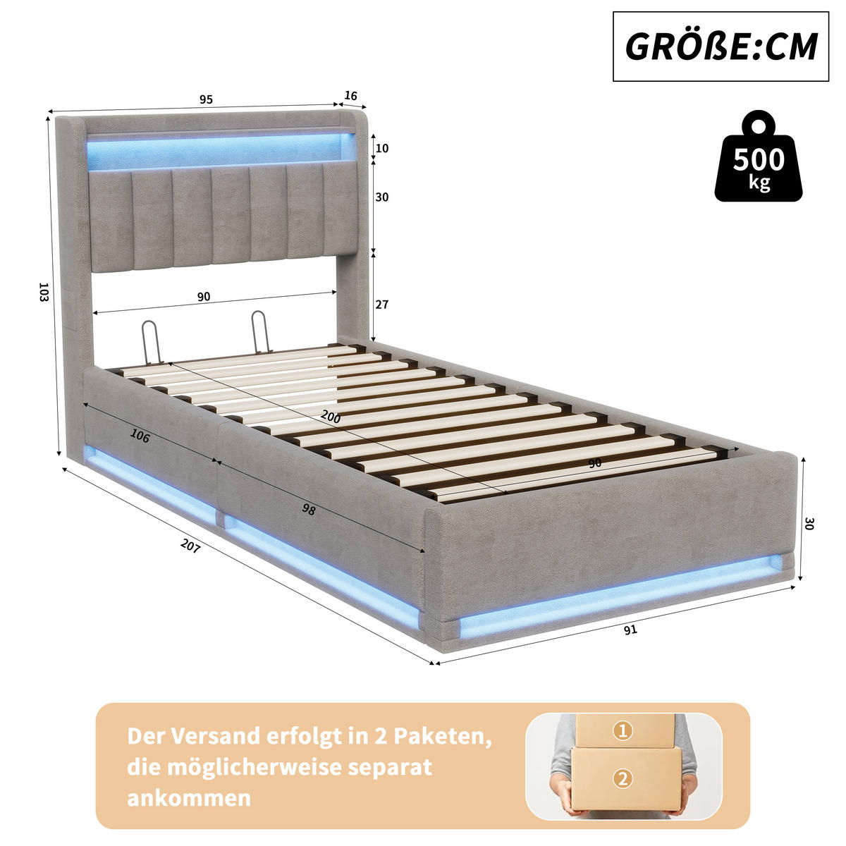 STAURAUMBETT 90x200 cm Einzelbett, LED und USB, Kopfteil mit Stauraum, Samtstoff in Grau - Grau, Holz (90/200cm) - BRILVERDE