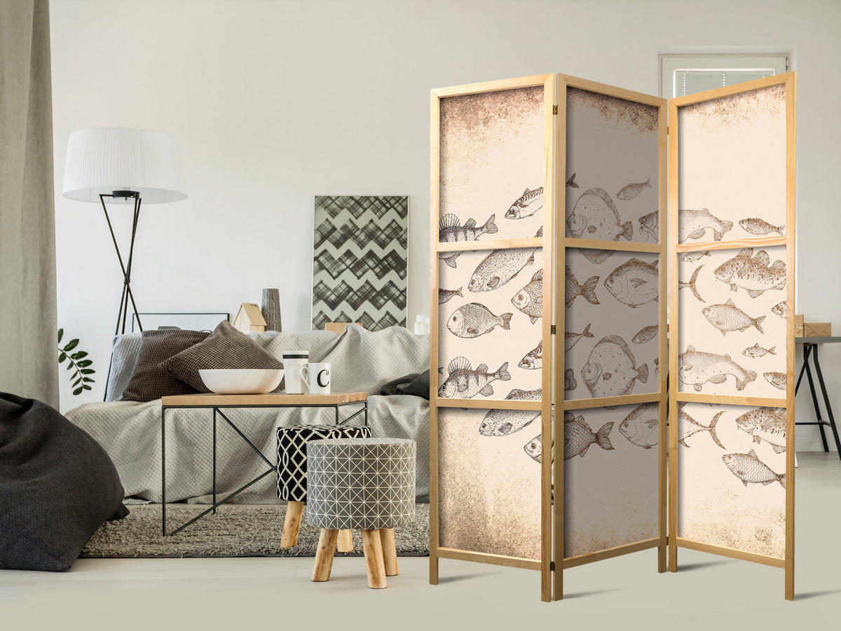 PARAVENT Japanischer 3-tlg 135x172 cm Retro Fische - Beige, Holz/Textil (135/172/3cm) - Muralo