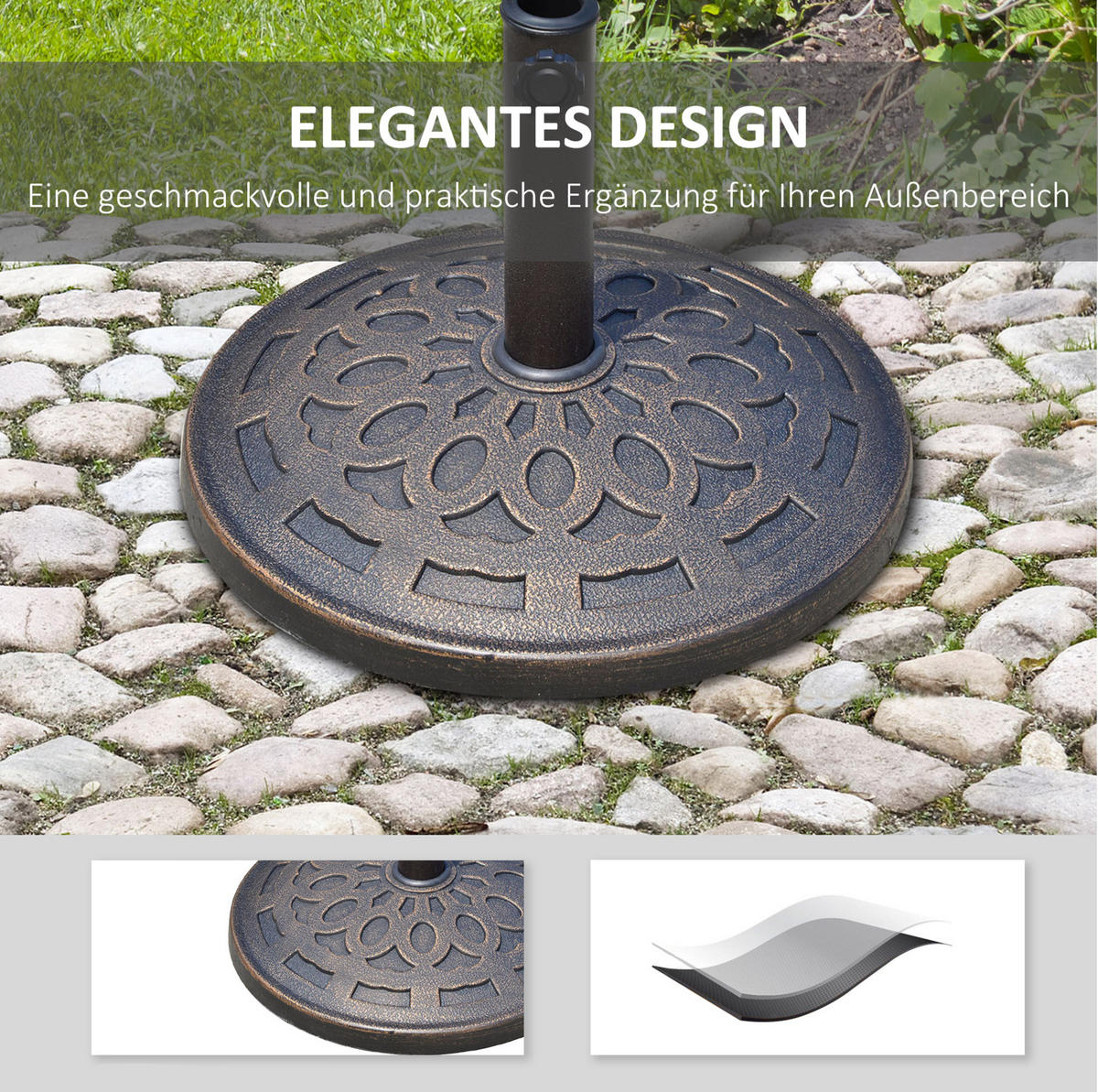 SONNENSCHIRMSTÄNDER 48,5/48,5/34 cm bronze aus Harz mit Stahlrohr für Ø38/48 mm - Bronzefarben, Kunststoff (48.5/48.5cm) - OKWISH