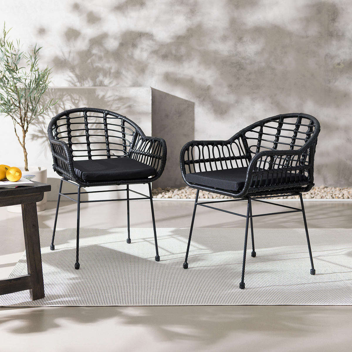 GARTENSTUHL - 2er-Set - Polyrattan / Stahl - Schwarz, Textil/Metall (53/76/54cm) - home24