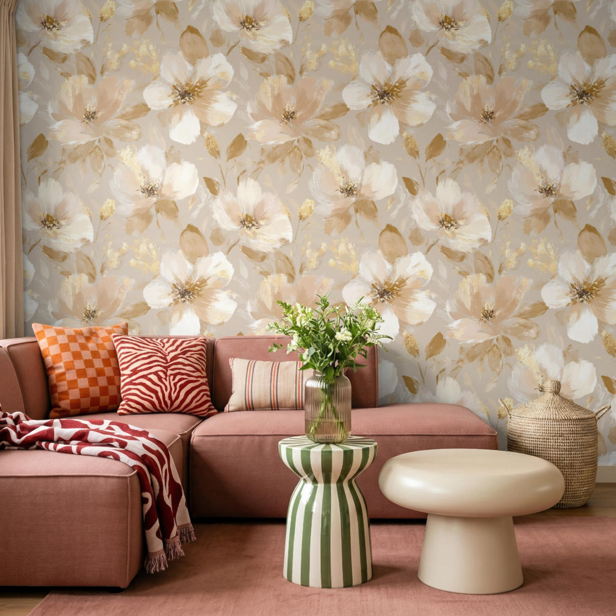 TAPETE - Blumen - künstlerisch - Gold - 300x220 cm - Beige, Papier (300/220cm) - OnlyWow