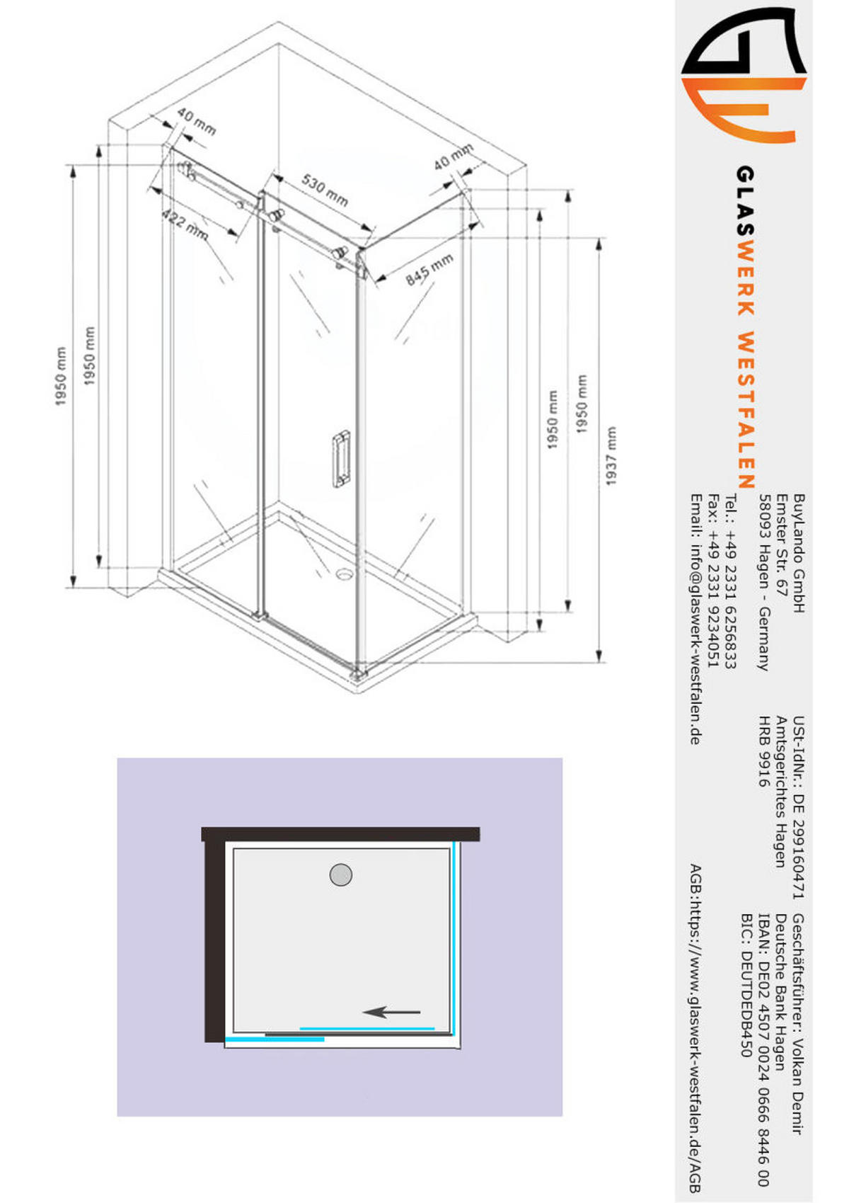 DUSCHKABINE Ela 100x90x195cm Eck Schiebetür+DS - Silberfarben, Glas (90/100/195cm) -  Glaswerk Westfalen