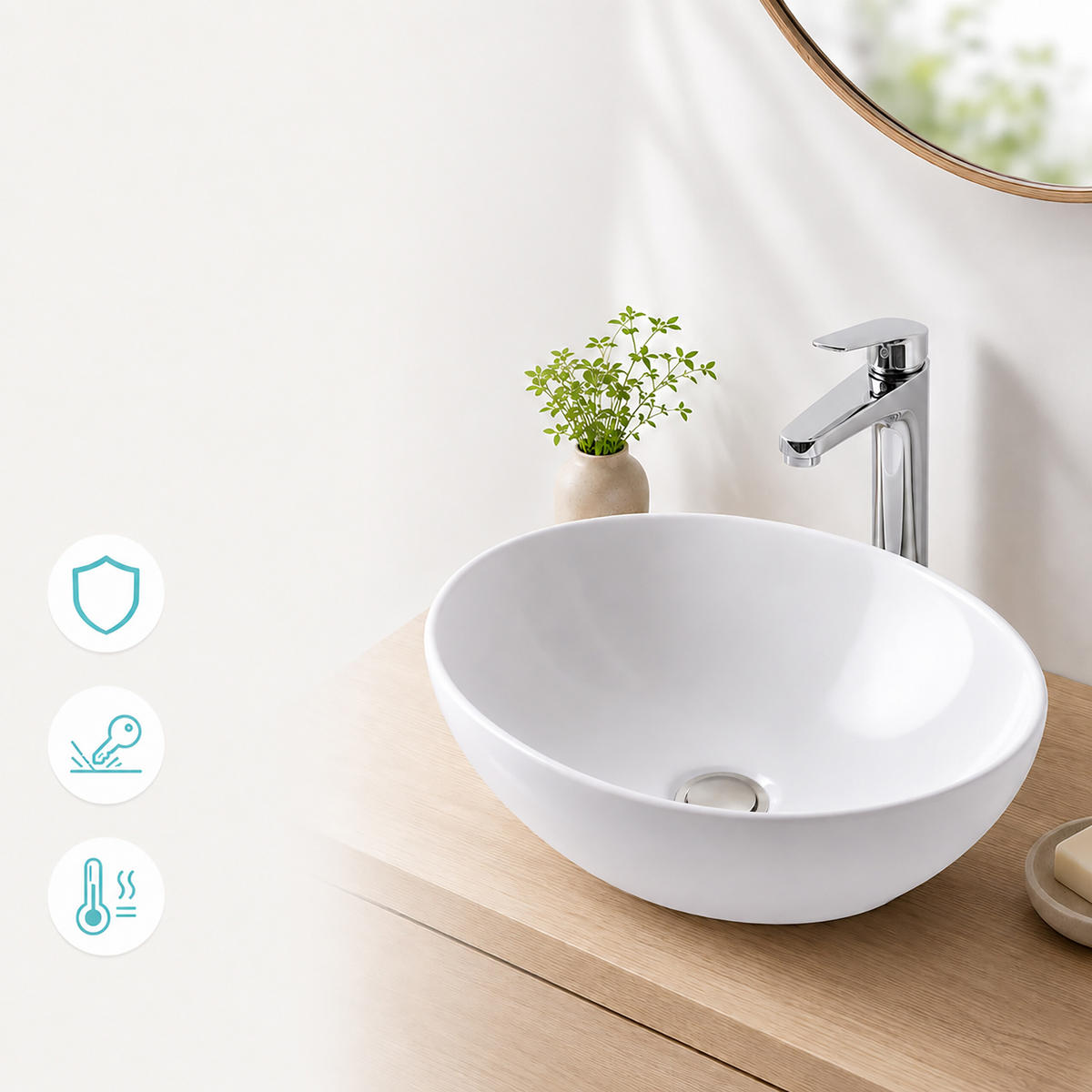LAVOAR Alb ceramică pe blat fără orificiu pentru baterie 41x34x15 cm - alb, ceramică (41/15/34cm) - Relaxdays