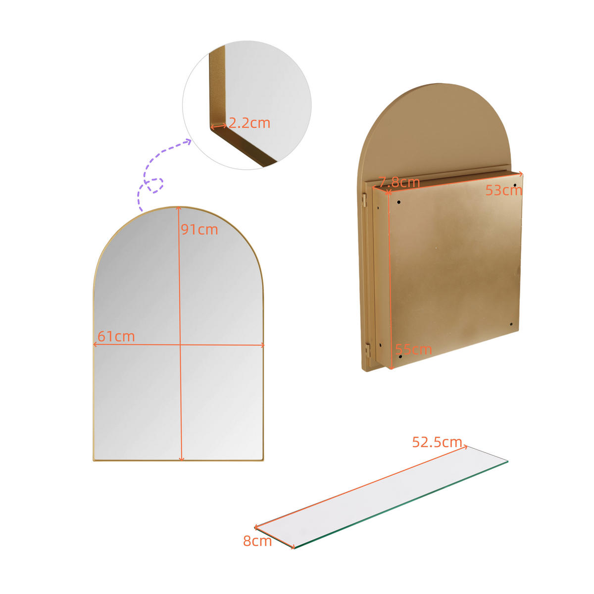 SPIEGELSCHRANK 91x61x12cm in Gold mit Metallrahmen und gehärtetem Glas - Goldfarben, Glas (61/12/91cm) - Modfu