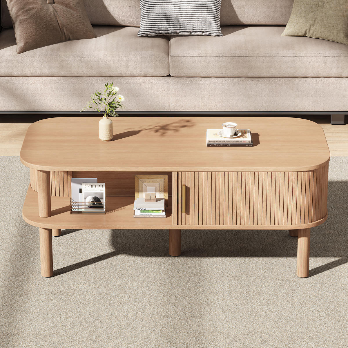 COUCHTISCH Holzoptik mit Rolltor & Ablage 110x55cm Skandi Design - Walnussfarben, Holzwerkstoff (110/55/45cm) - Urban Meuble