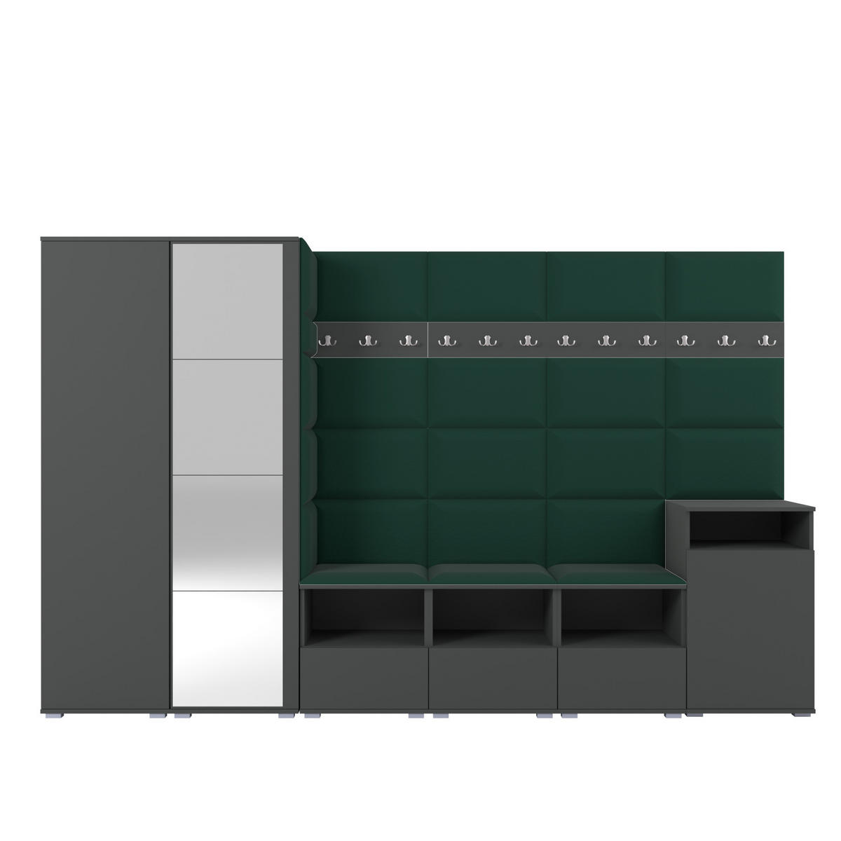 GARDEROBE NELA XII 300 cm (Modulare Flurmöbel Graphit mit Spiegel & Sitzpolster Flaschengrün 28 Gigantisches Set) - Dunkelgrün/Silberfarben, Holz/Holzwerkstoff (300/187/40cm) - Ravio