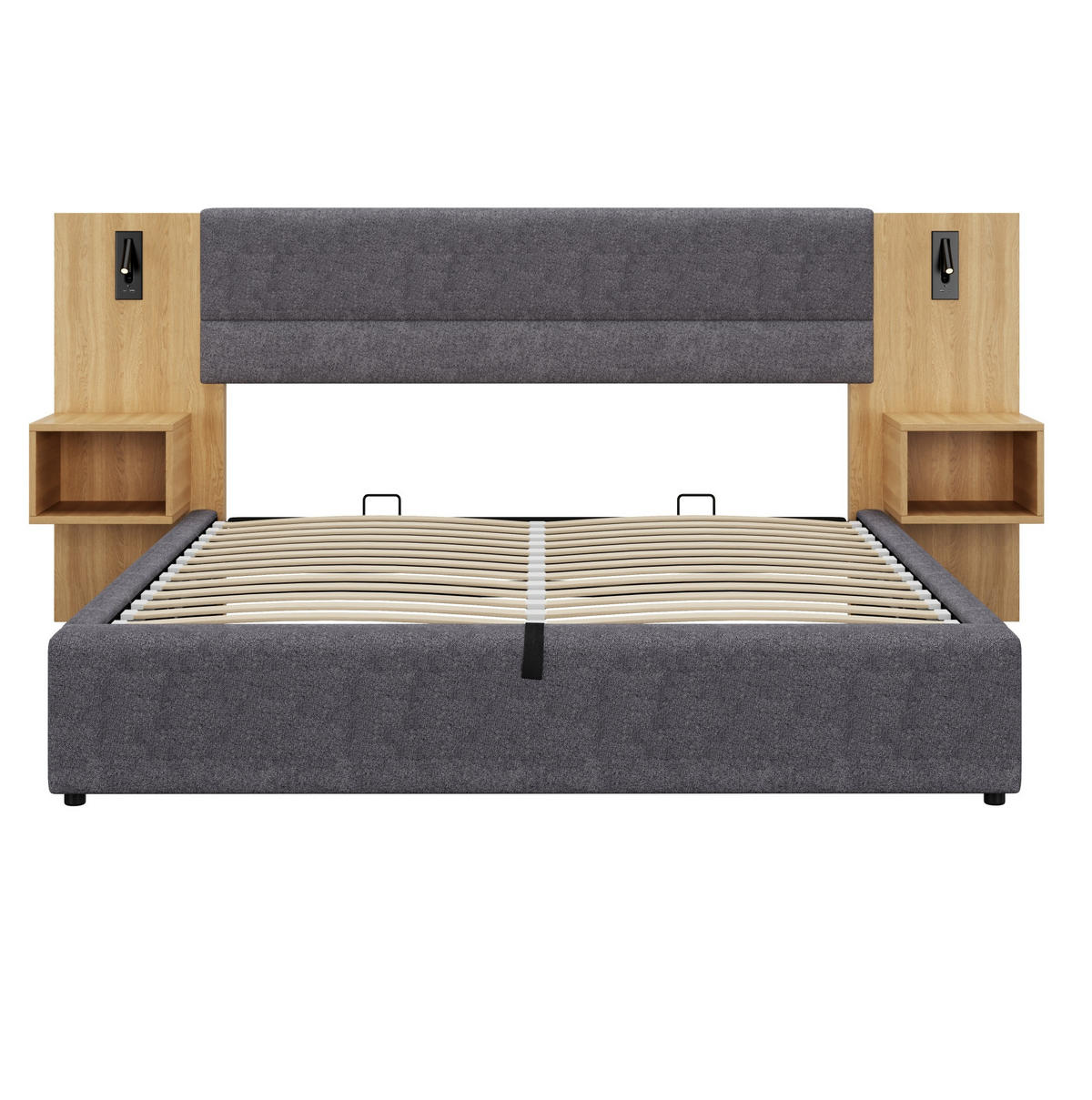 ČALOUNĚNÁ postel 180/200 cm, samet šedá/přírodní, s úložným prostorem, USB a 2 nočními stolky - šedá, textil (180/200cm) - BEAOK