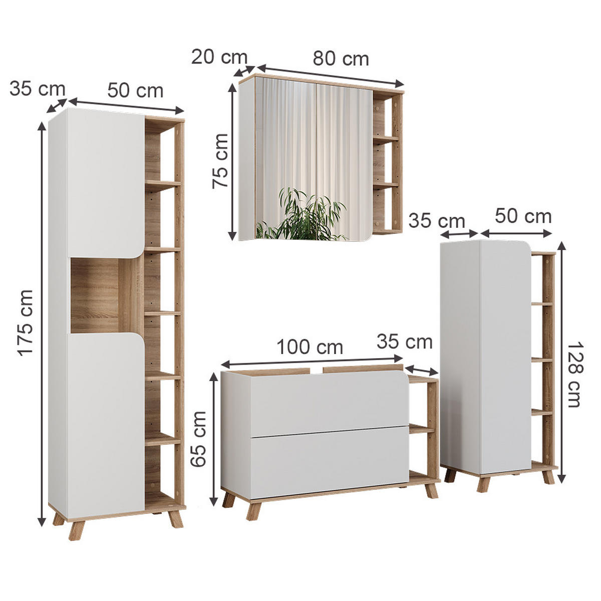 BADMÖBEL-SET Karen Sonoma/Weiß 4 Teile - Weiß/Sonoma Eiche, Holzwerkstoff (100/65/35cm) - Vicco