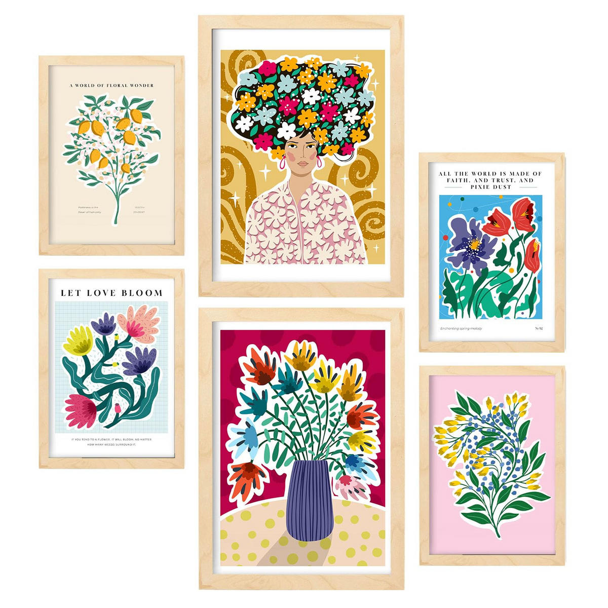 POSTER Set Mit 6 Beeindruckendes Zusammenfassung A3 & A4 Rahmen Aus Hellem Holz - Beige, Papier (29/3cm) - Nacnic