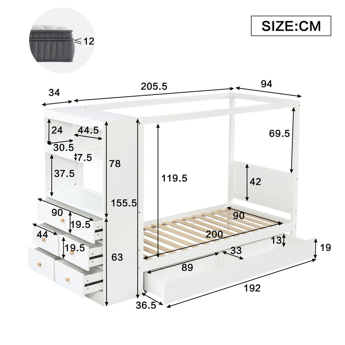 KINDERBETT 90/200 cm in Weiß mit Fallschutz, Stauraum und Himmelstange - Weiß, Holzwerkstoff (90/200cm) - BEAOK