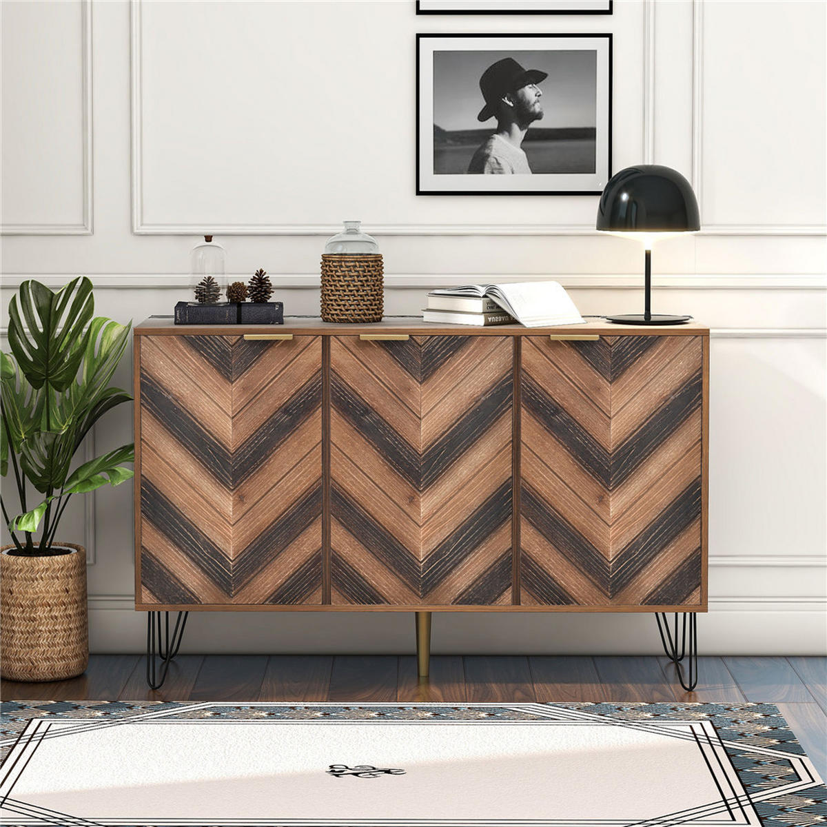 SIDEBOARD 120/76,5/38 cm mit 3 Türen Massivholzfurnier Gold Griffe - Braun, Holz (120/76.5/38cm) - Kaket