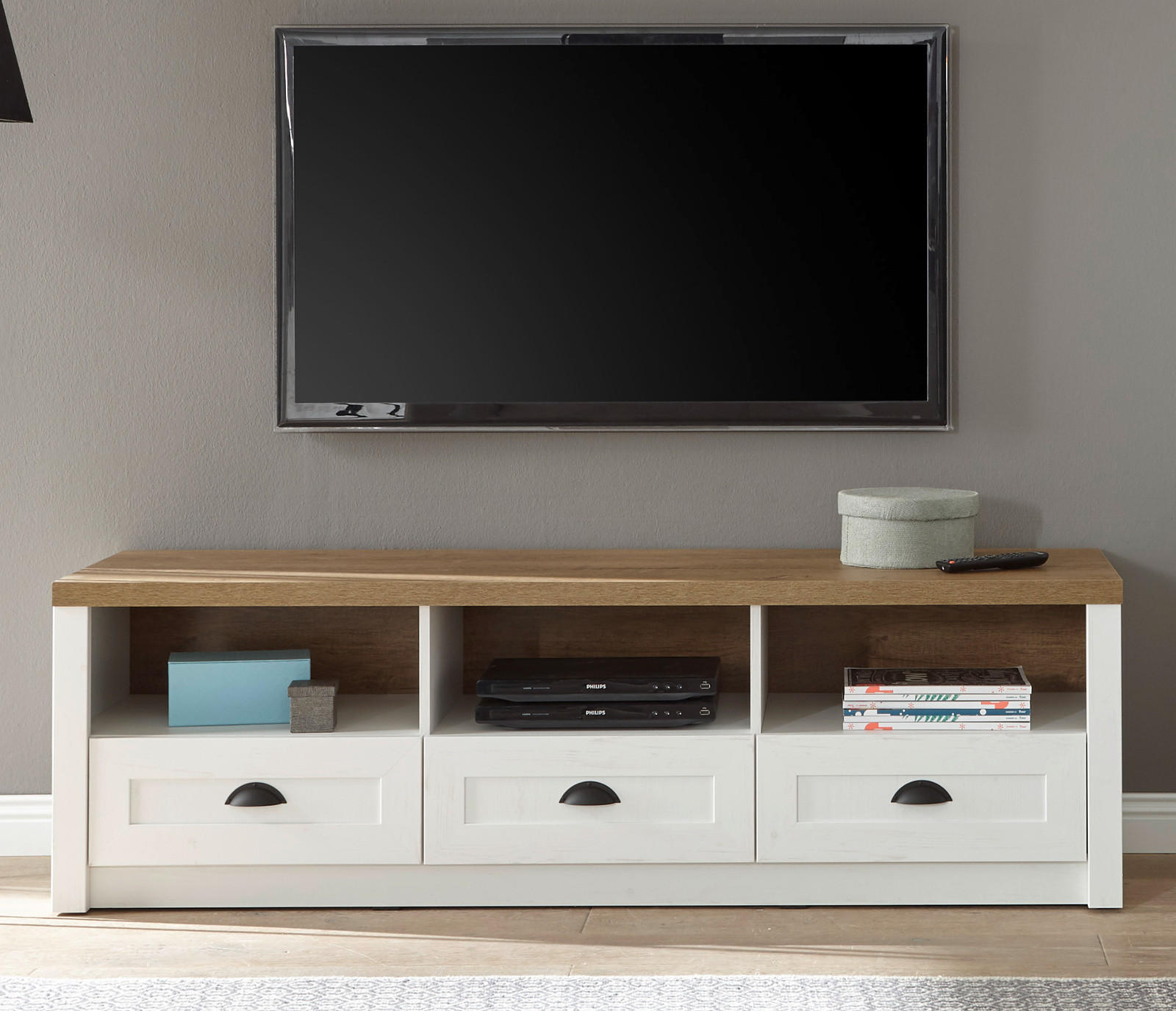 TV-LOWBOARD weiß Pinie, Eiche hell Landhaus, TV Unterteil 160 cm - Eichefarben/Weiß, Holzwerkstoff/Metall (160/47/43cm) - Furn.Design