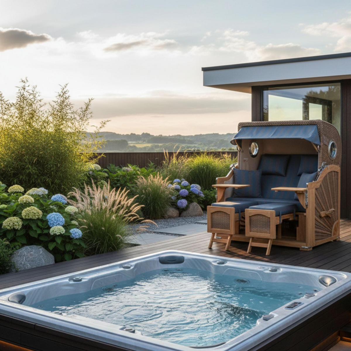 STRANDKORB XXL Düne Grande Teak Banana - Blaugrau/Braun, Metall (142/170/95cm) - Mr. Deko