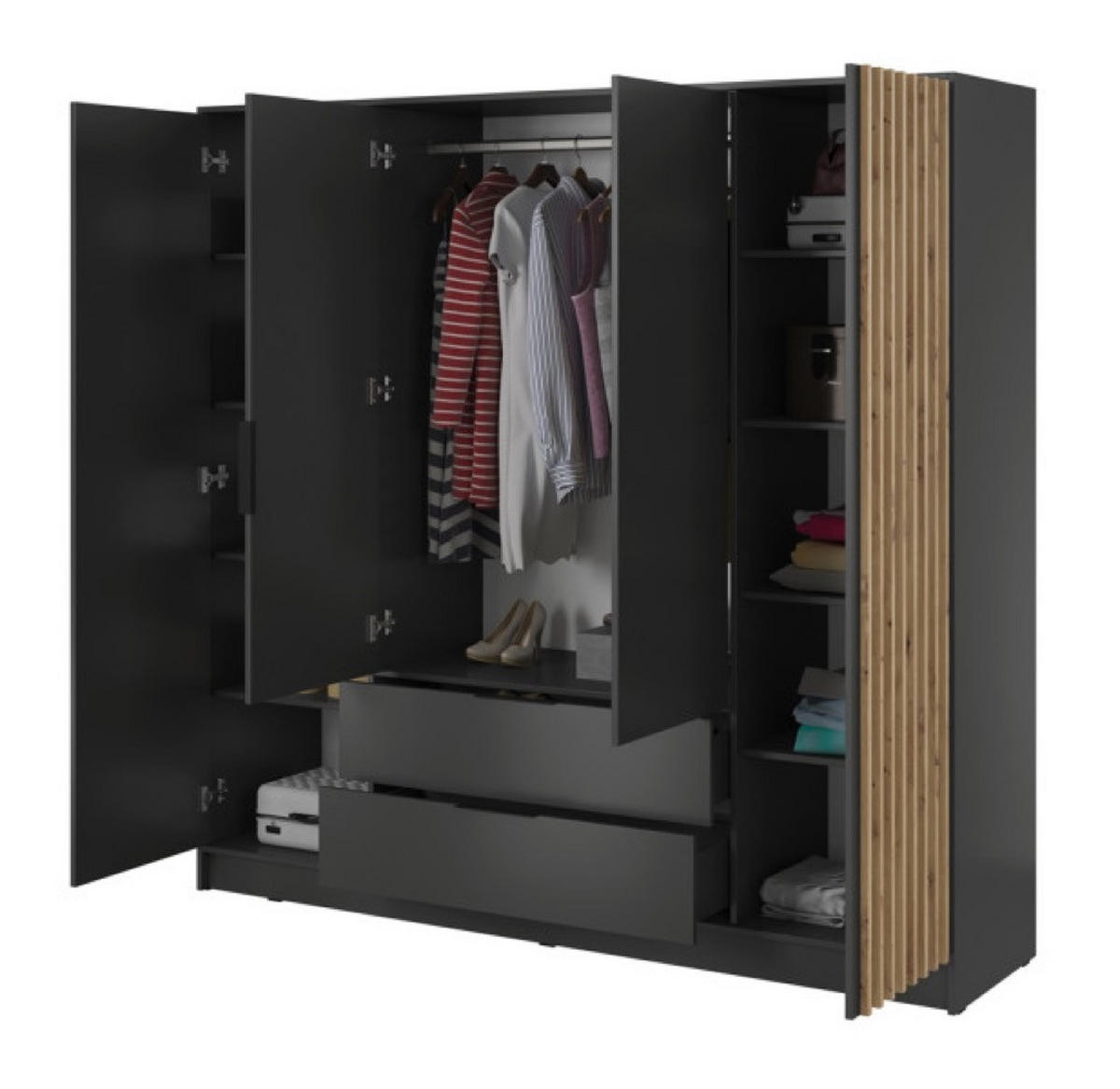 SCHRANK Grafit KELLY Viertrürig Mit Lamellen 206 cm - Graphitfarben, Holzwerkstoff (206/200/51cm) - Sepro Meble