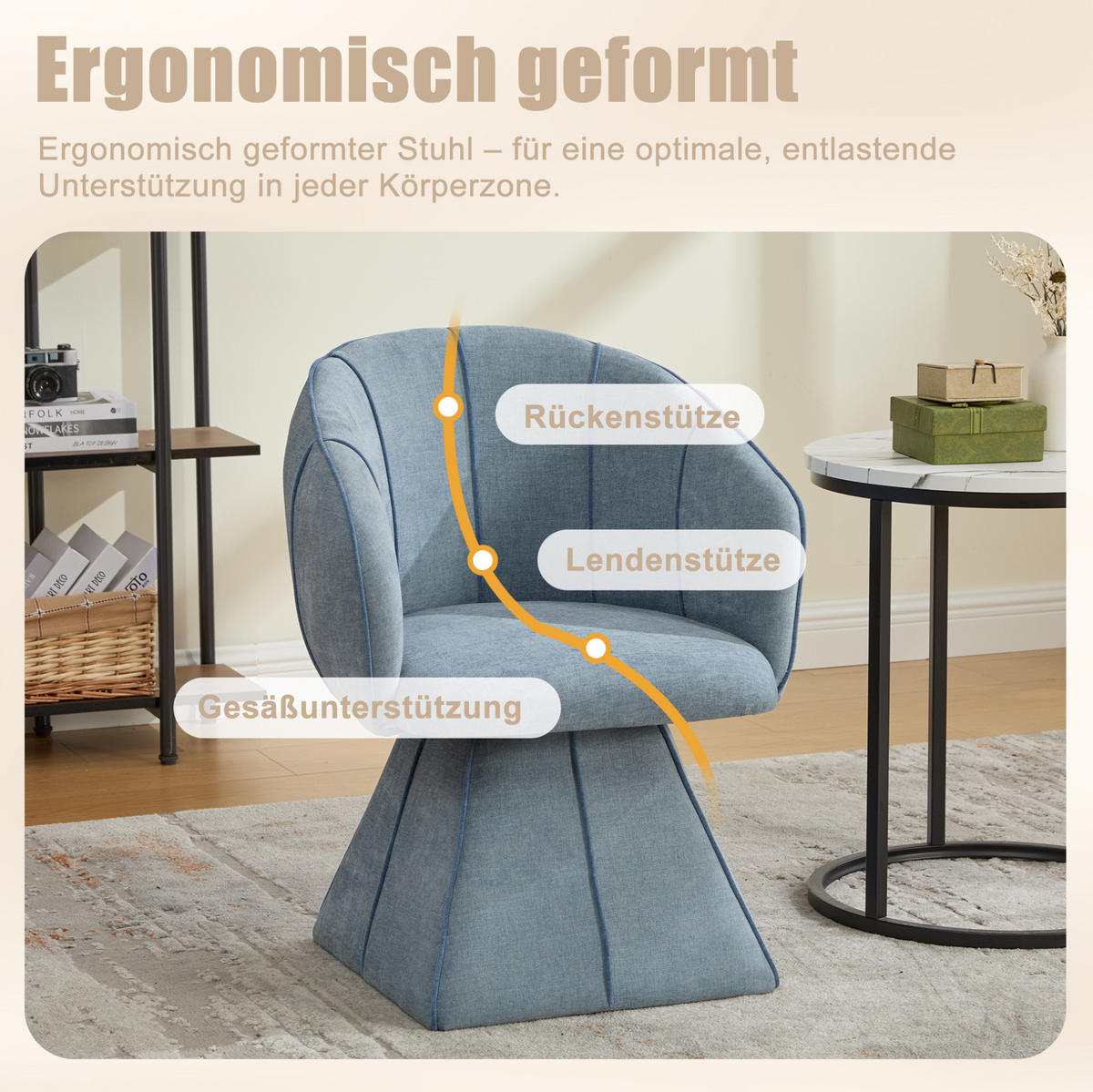 SESSEL 56/54/74,5 cm blau aus Chenille mit 360°-Drehfunktion - Blau, Textil (54/74.5/56cm) - OKWISH