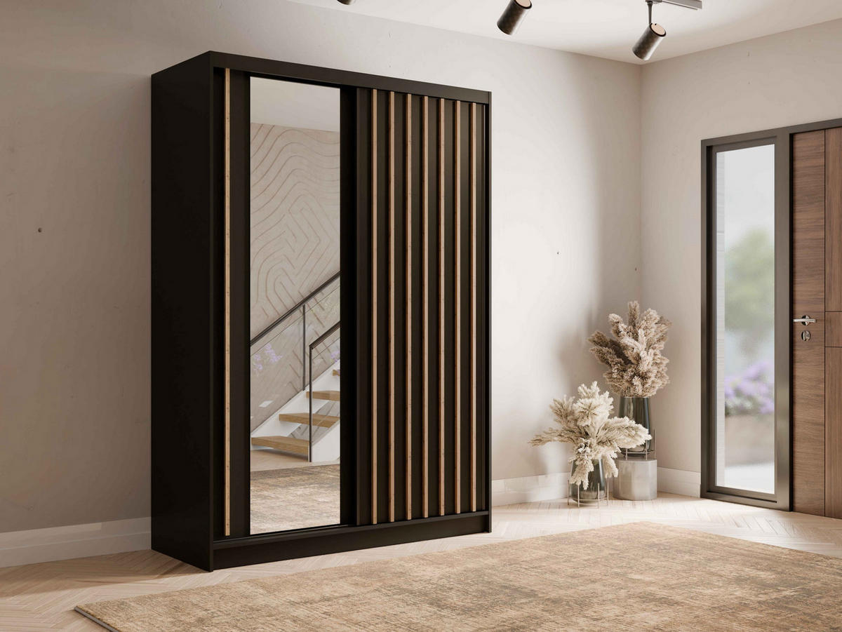 SCHWEBETÜRENSCHRANK VEYDAR 155/215/62cm 2-türig mit Spiegel Grau - Grau, Holzwerkstoff (155/215/62cm) - MASSENO
