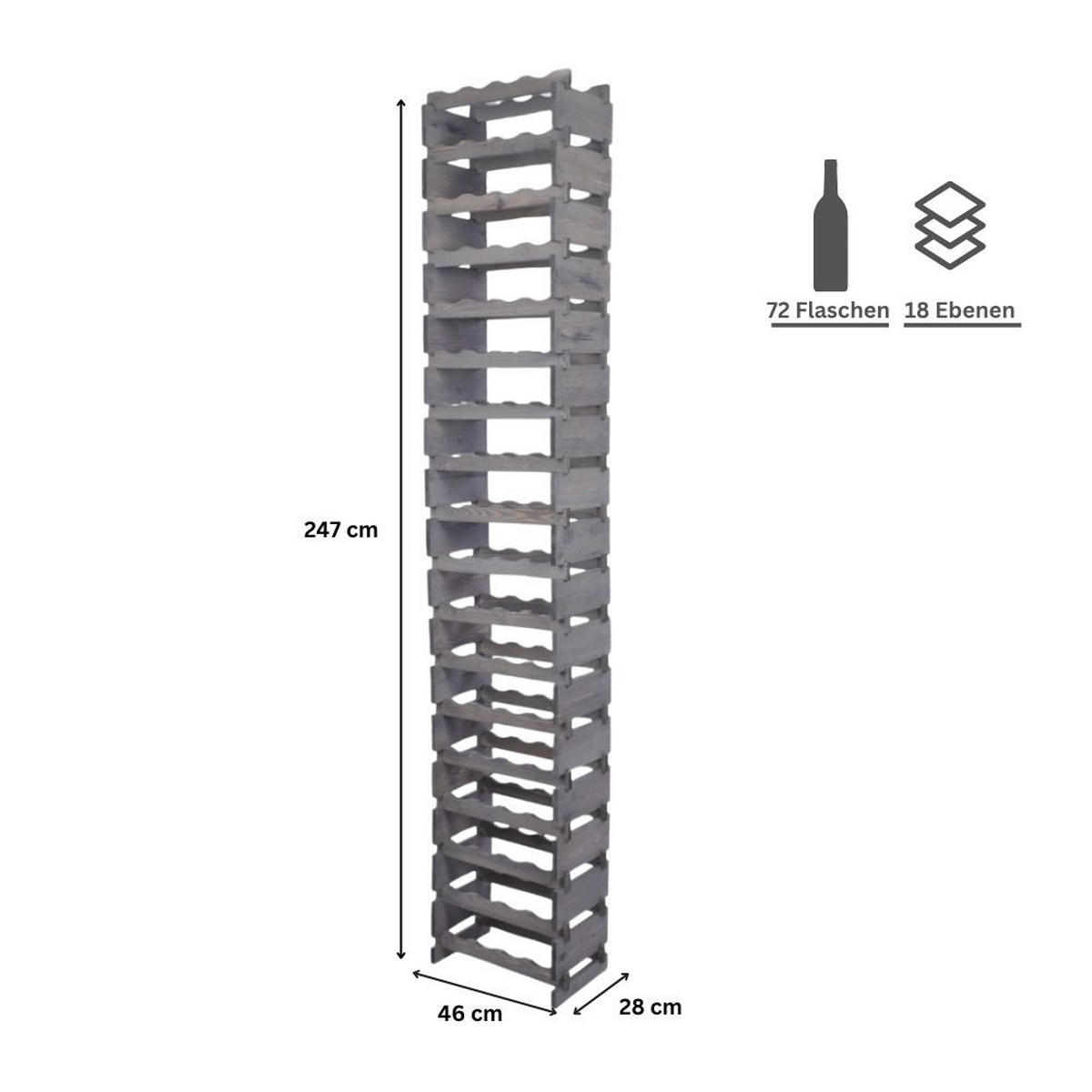 WEINREGAL VINOTECA FLEX PRO HxBxT 247x46x28cm 72 Flaschen auf 18 Ebenen Grau - Grau, Holz (46/247/28cm) - PROREGAL