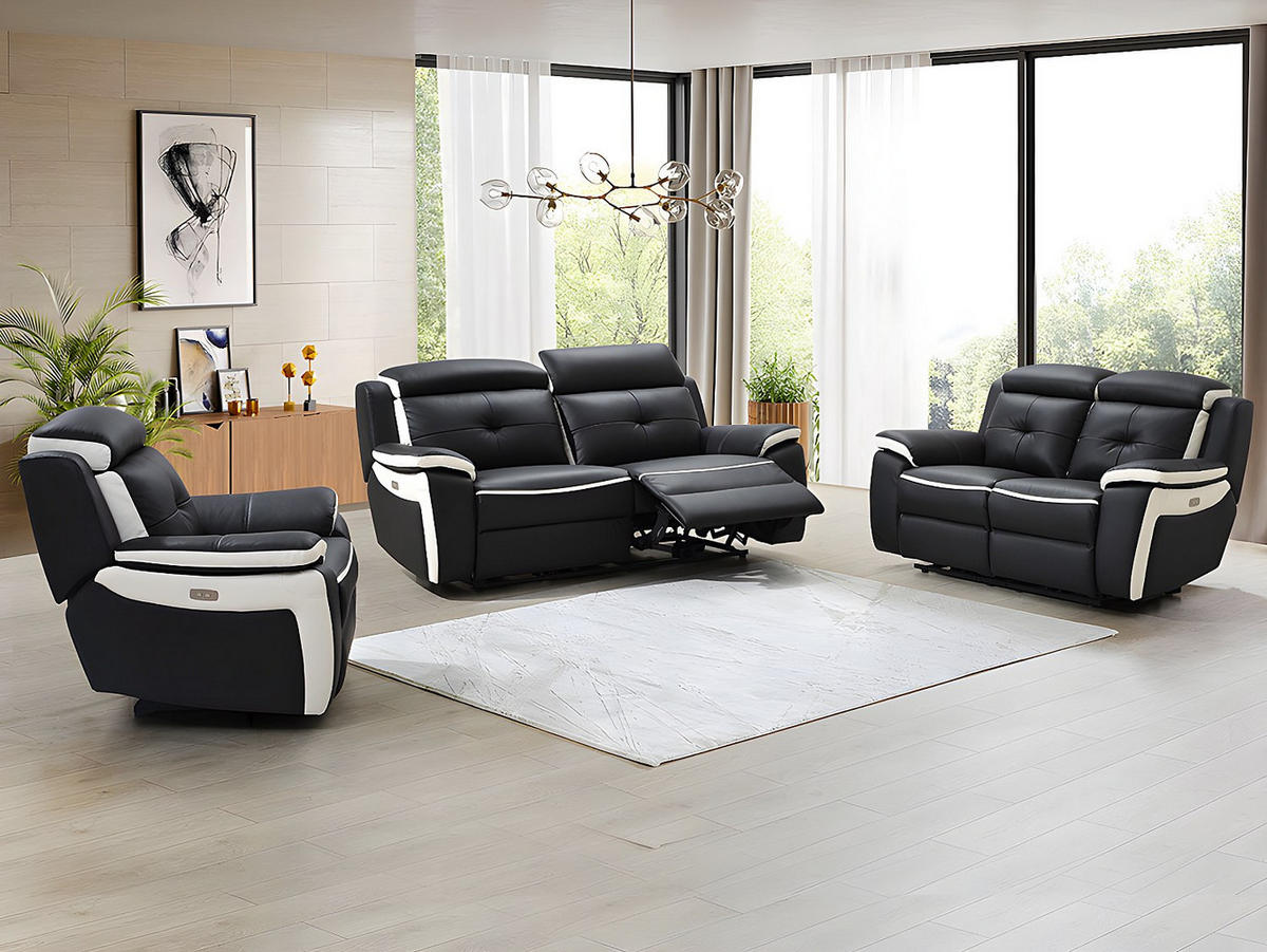 SOFAGARNITUR mit Relaxfunktion - -Sitzer - Leder - Schwarz, Weiß - - Schwarz/Weiß, Leder (97/103/97cm) - Vente-Unique