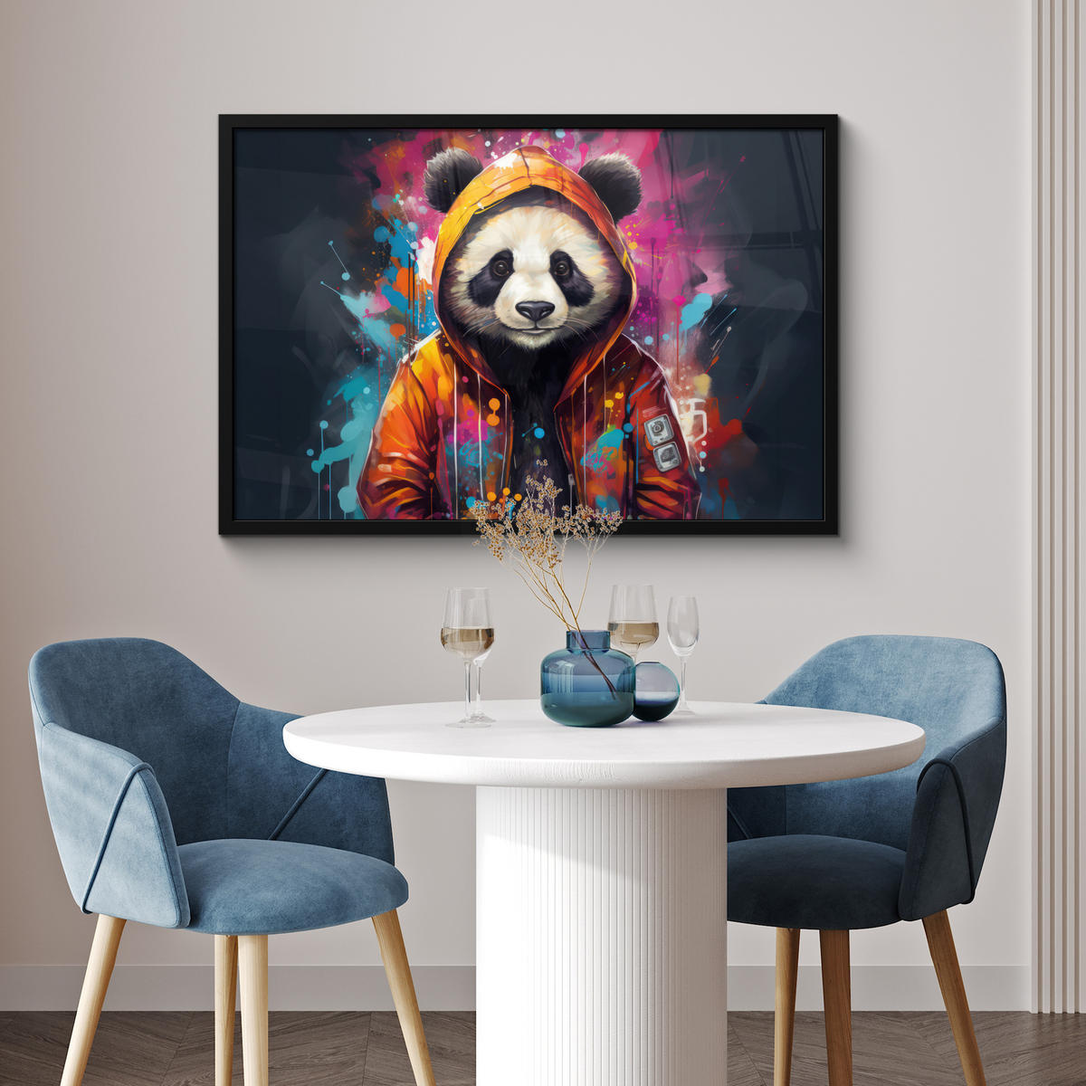 POSTER MIT RAHMEN Panda - Jacke - Graffiti - Orange 90x60 cm - Orange, Papier (90/60cm) - MuchoWow