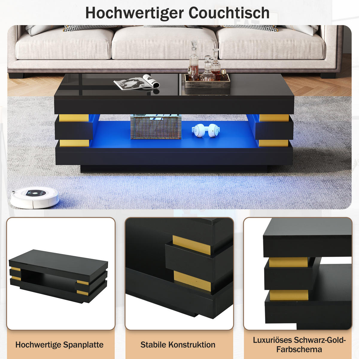 COUCHTISCH Schwarz LED 100x50x35cm mit Stauraum und Spanplatte - Schwarz, Holzwerkstoff (100/50/35cm) - FLIEKS