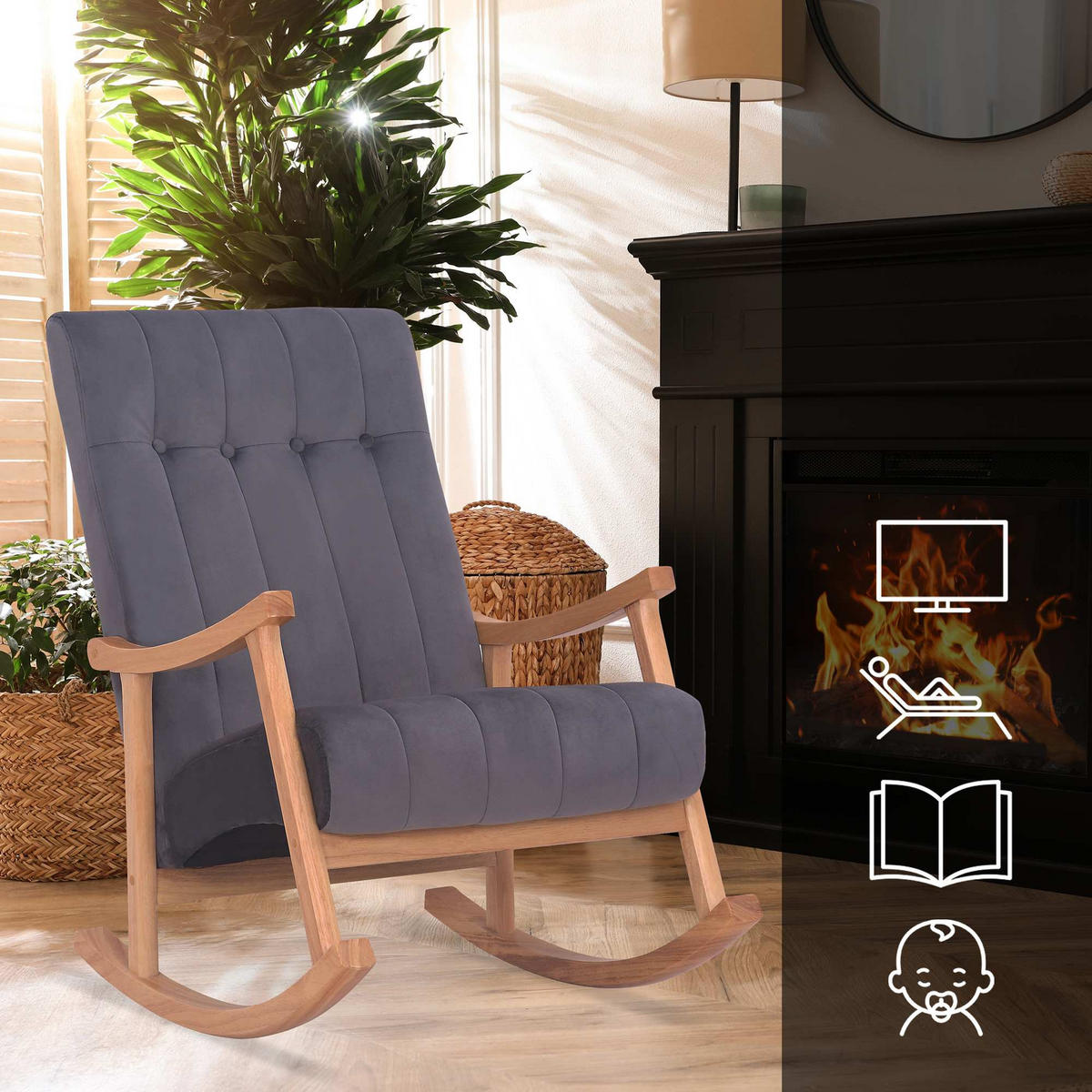 SCHAUKELSTUHL Samt Natura/Grau - Eukalyptusholzfarben/Grau, Holz/Textil (62/98/92cm) - CLP