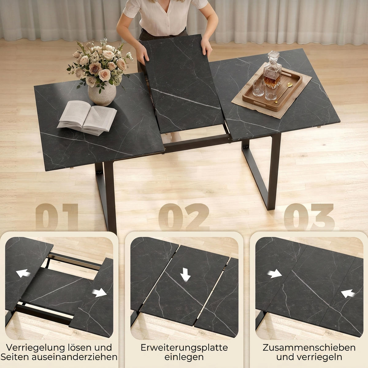 AUSZIEHBARER Esstisch MDF Schwarz - Schwarz, Holzwerkstoff (180/80/75cm) - HOMCOM
