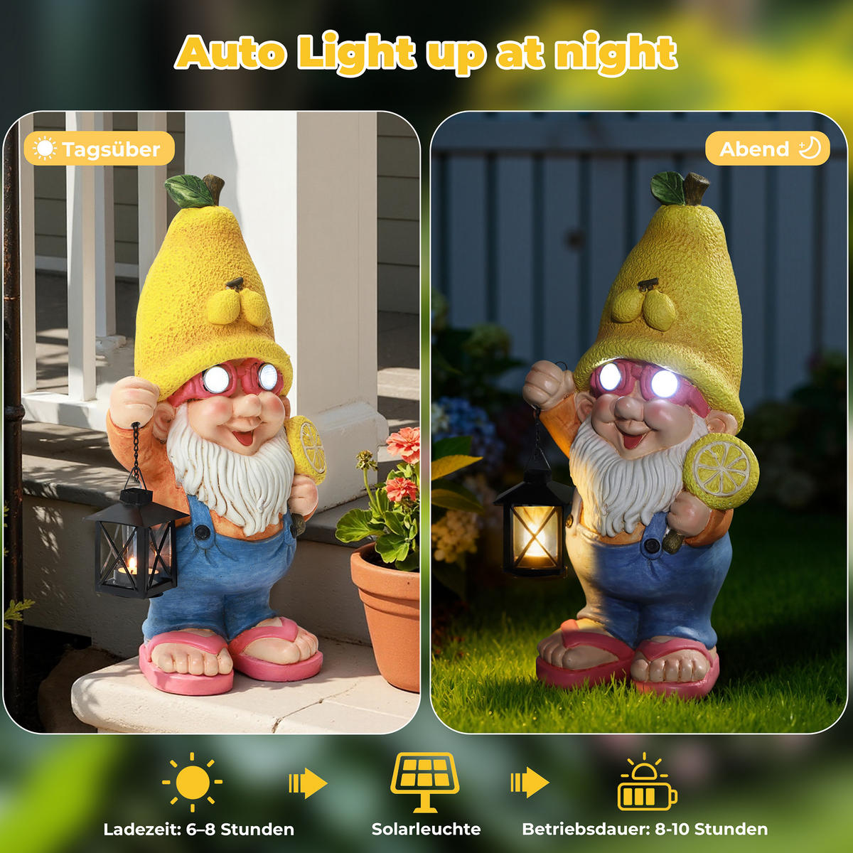 46CM Solarbetriebene Zwerggestalt in Form einer Zitrone Gartenfigur Zwerg mit Laterne, leuchtende Augen Geschenkidee für Mama - Multicolor, Naturmaterialien (23.5/46/16.5cm) - Hometopia