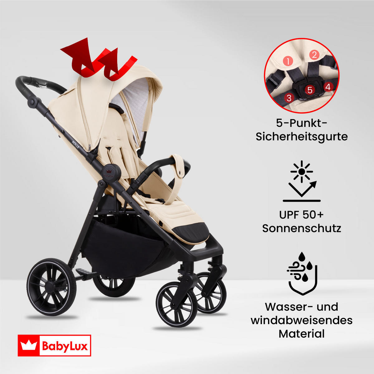 BUGGY Rolle, Klein und Leicht, Teleskopische Führung, Kompakt Faltbar, Wickeltasche, Reisetasche - Beige/Schwarz, Textil/Metall (58/98cm) - BabyLux