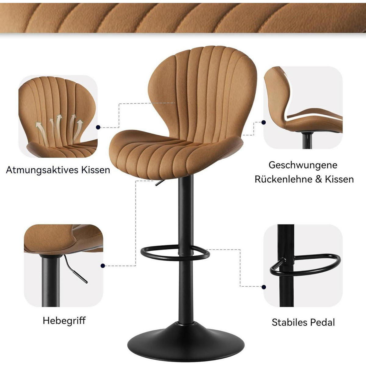 BARHOCKER 1er Set höhenverstellbar mit Lehne Stoff Braun - Braun, Textil (49/112.5/51cm)