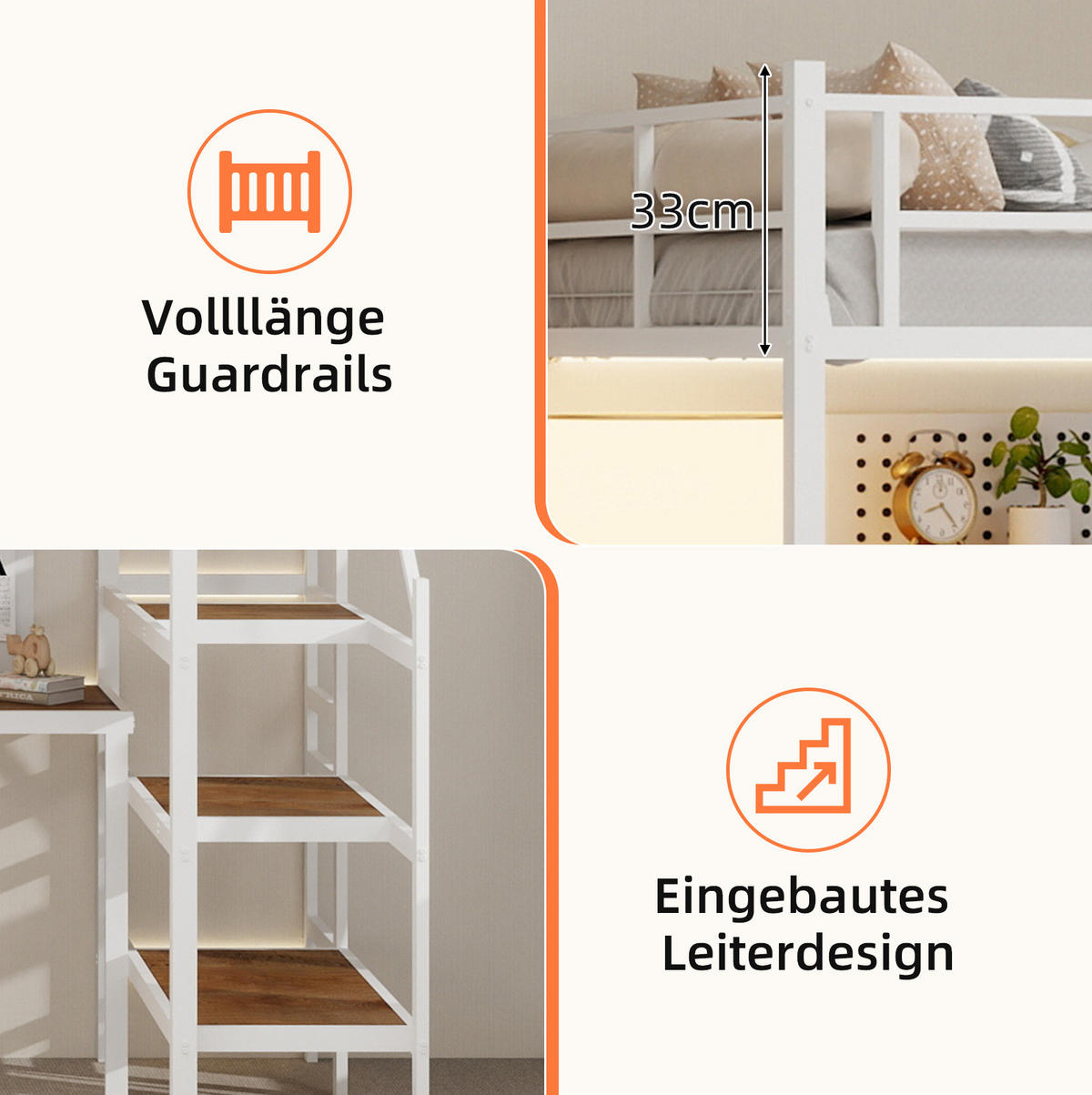 HOCHBETT 90/190 cm aus Eisen mit L-förmigem Schreibtisch und Treppe Weiß - Weiß, Metall (90/190cm) - Modenvie