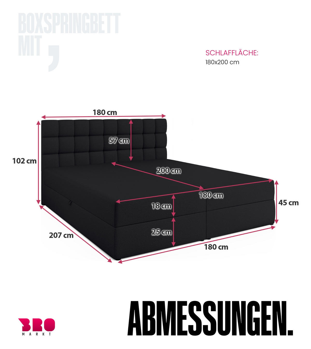 BOXBETT Dakota mit Topper 180/200 Schwarz - Schwarz, Textil (180/200cm) - Bromarkt