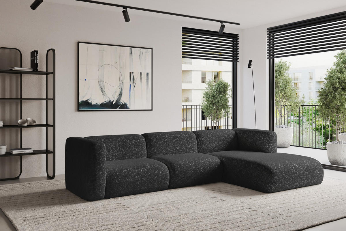 ECKSOFA Ottomane Rechts MIRA-L2 318x179x89 Schwarz Velours - Schwarz, Holzwerkstoff/Kunststoff (318/179cm) - ALTDECOR