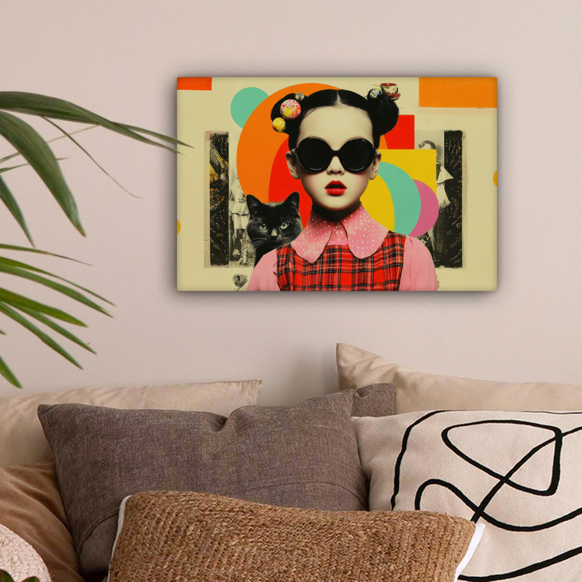 LEINWANDBILD Mädchen - Sonnenbrille - Katze - Retro Deko Schlafzimmer 30x20 cm - Beige, Textil (30/20cm) - MuchoWow