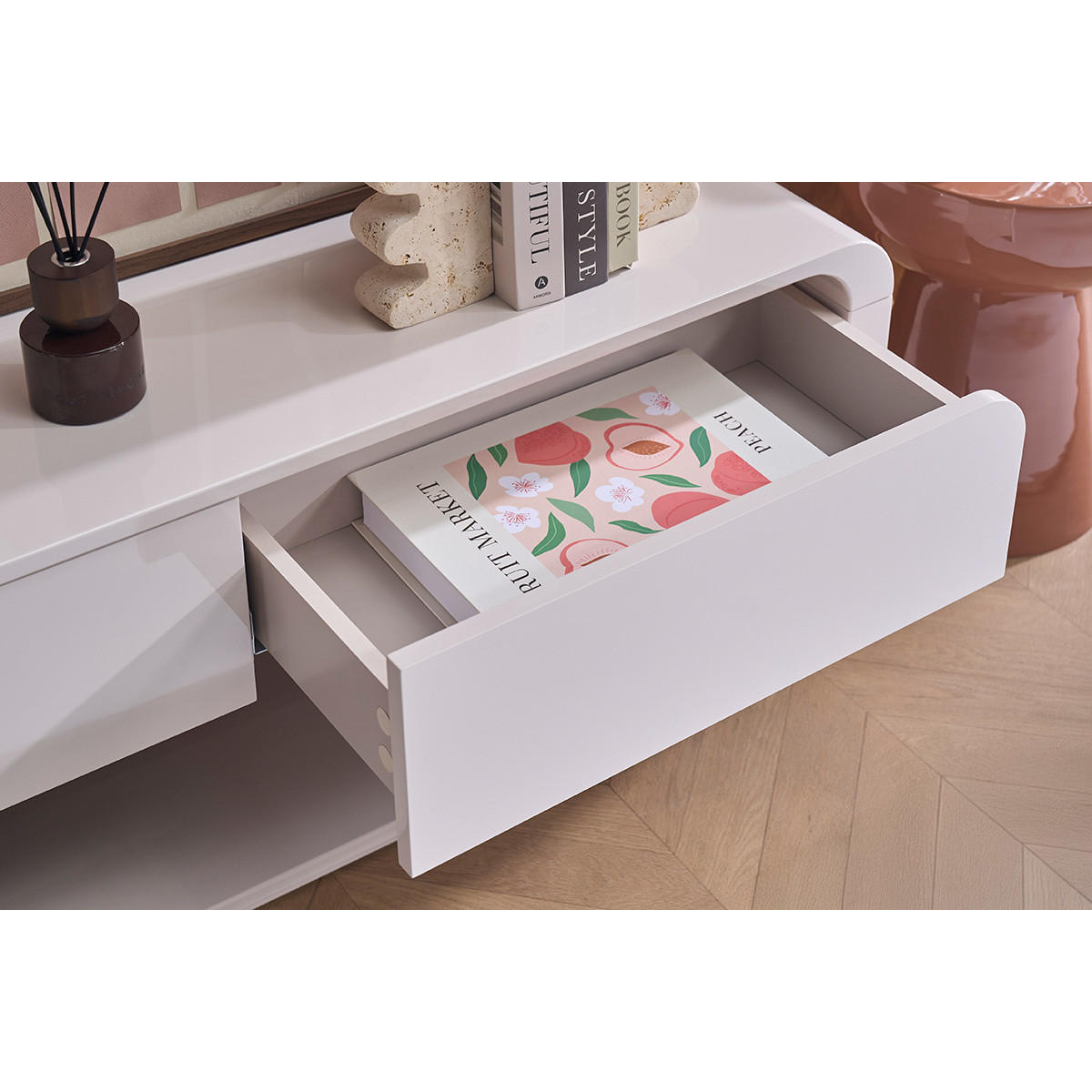 TV-MÖBEL Design beige glänzend mit 3 Schubladen L179.5 cm SAILOR - Beige, Kunststoff (39/45/179.5cm) - Miliboo