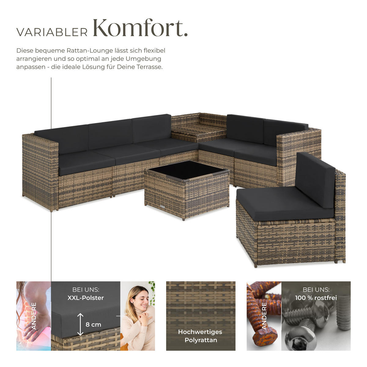 RATTANLOUNGE Verona,mit Sicherheitsglasplatte,natur - Naturfarben, Kunststoff - tectake