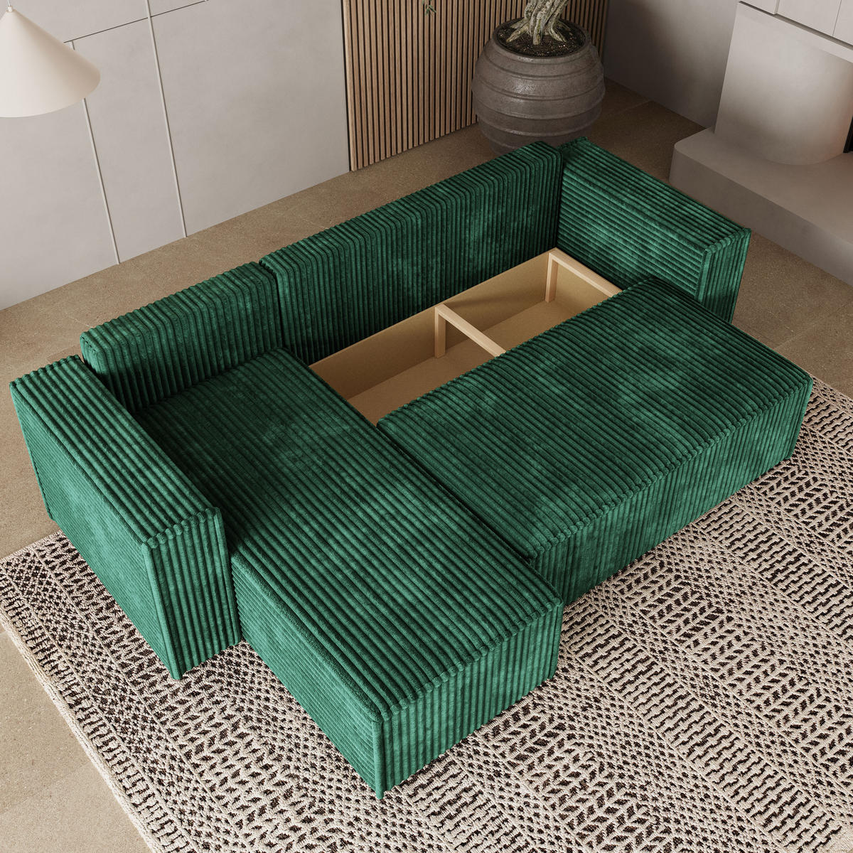 ECKSOFA RAVELO T Grün Kordstoff mit Schlaffunktion - Grau/Grün, Holz/Kunststoff (240/140cm) - MASSENO