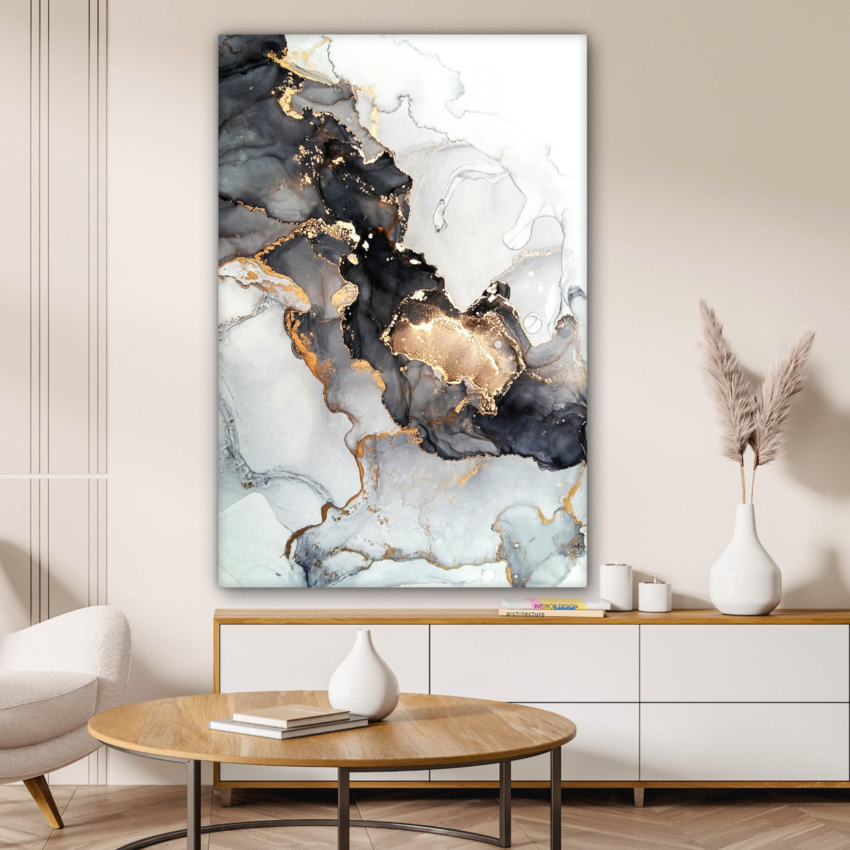 LEINWANDBILD Marmor - Schwarz - Weiß - Gold - Luxus - Abstrakt Deko Groß 90x140 cm - Goldfarben, Textil (90/140cm) - MuchoWow