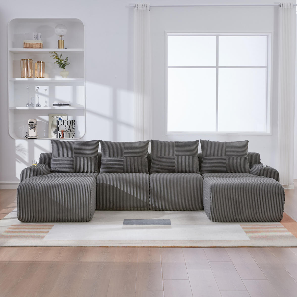 4-SITZER Wohnlandschaft Cord mit Getränkehalter und Seitentasche inklusive 2 Hocker 333/174/80 cm Dunkelgrau - Dunkelgrau, Textil (174/80/333cm) - Redom