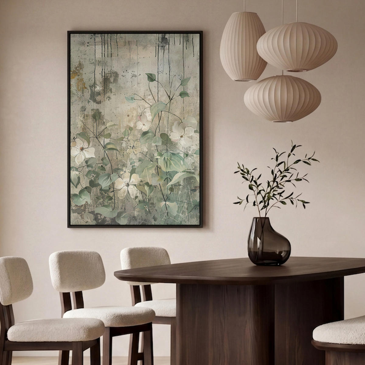 LEINWAND Bilder mit Rahmen - Blumen - Blätter - Abstrakt - Modern - 80x120 - Grau, Textil (80/120cm) - MuchoWow