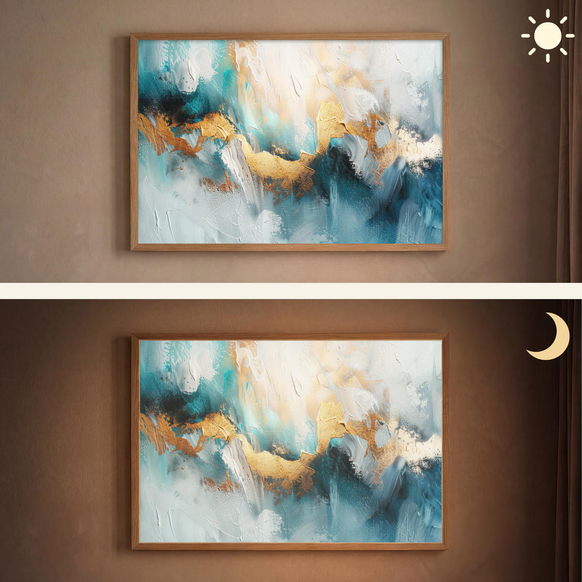 NÁSTĚNNÁ LAMPA S AKUMULÁTOREM Abstraktní - umění - zlatá - modrá 100x70 cm - tyrkysová, kompozitní dřevo (100/70/8cm) - OnlyWow
