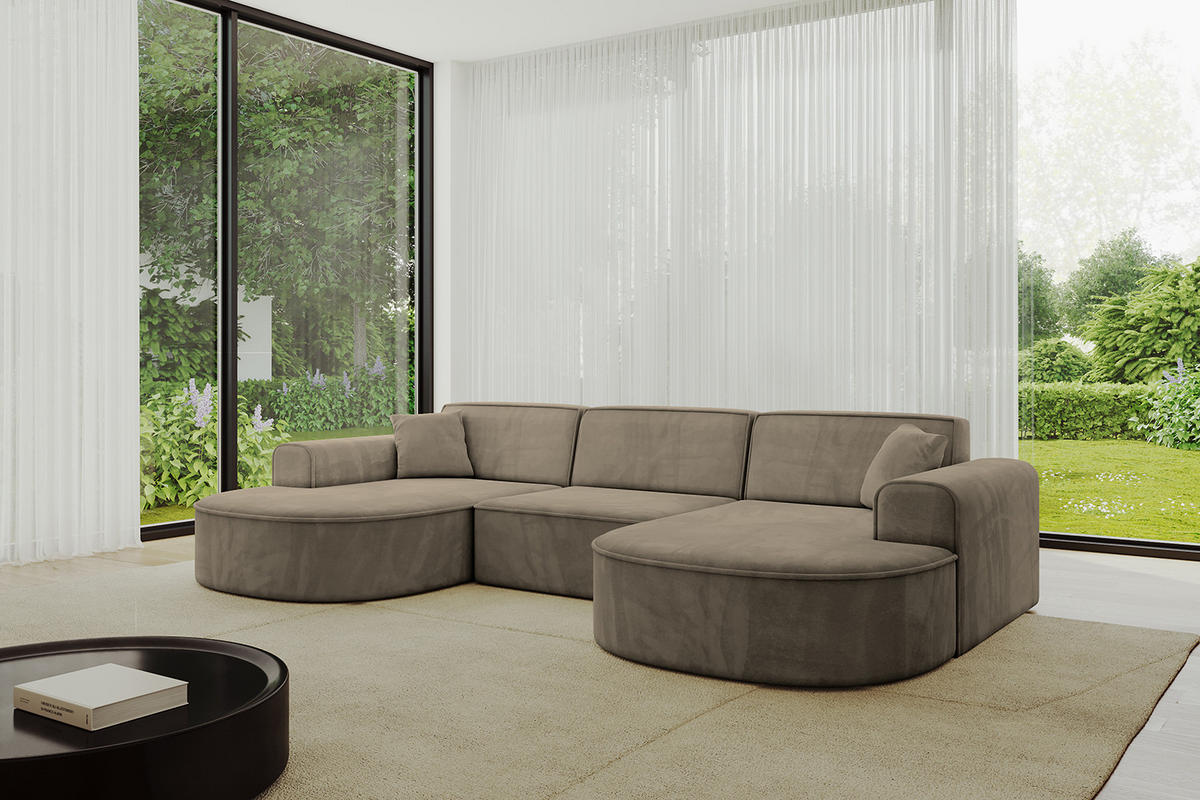 WOHNLANDSCHAFT MARI-U1 - 303x171x79 cm Dunkelbraun Velours - Dunkelbraun/Schwarz, Holzwerkstoff/Kunststoff (303/79/171cm) - ALTDECOR