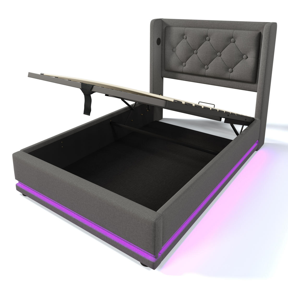 POLSTERBETT 90/200 cm Grau aus Baumwolle mit LED und USB-C - Grau, Textil (90/200cm) - OKMYHOME
