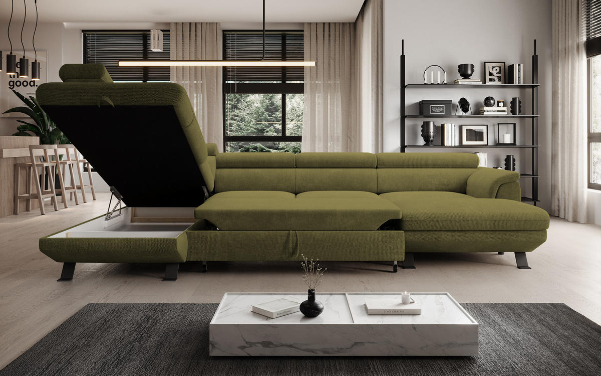 ECKSCHLAFSOFA Raven XL, Verstellbaren Kopfstützen, Bettkasten, Großes Sofa 334x198x162cm Linke, Mostaza - Hellgrün, Holz/Textil (198/334cm) - DomoHome